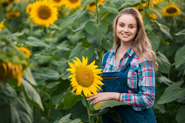 Gorgeous, young, adorable, energetic, female farmer cultivating from one of the sunflowers from the green field.