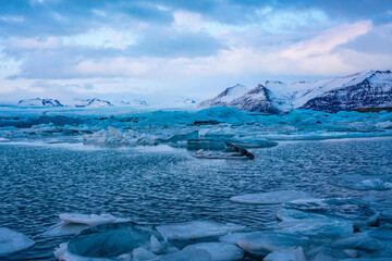 Jokulsarlon, the glacier lake in Iceland, shot in winter time, at sunset.
