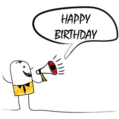 vector illustration of doodle man holding a megaphone with HAPPY BIRTHDAY speech bubble with Loudspeaker.banner for marketing ,business and also advertising.