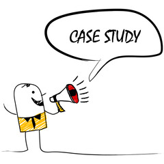 vector illustration of doodle man holding a megaphone with CASE STUDY speech bubble with Loudspeaker.banner for marketing ,business and also advertising.