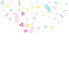 Memphis style geometric confetti background with triangle, circle, square, zigzag and wavy line