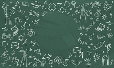 Concept of education School background chalkboard with different stuff. Welcome back to school design vector.