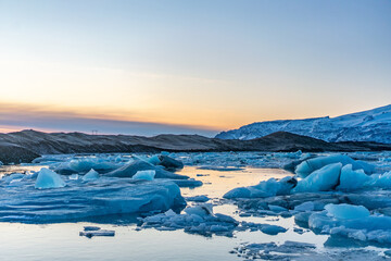 Jokulsarlon, the glacier lake in Iceland, shot in winter time, at sunset.