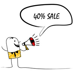 vector illustration of doodle man holding a megaphone with 40% SALE speech bubble with Loudspeaker.banner for marketing ,business and also advertising.