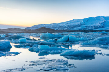 Jokulsarlon, the glacier lake in Iceland, shot in winter time, at sunset.