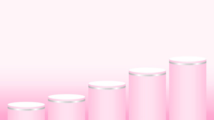pink pedestal cylinder circle five steps for cosmetics showcase, podium circle stage pink pastel soft color, platform 5 steps for advertising copy space, podium round five layers for product display