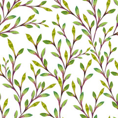 Branches with green leaves on a white background. Watercolor seamless pattern. Design for fabric, print, card, wrapping.