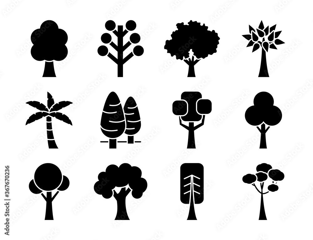 Poster trees silhouette style icon set vector design
