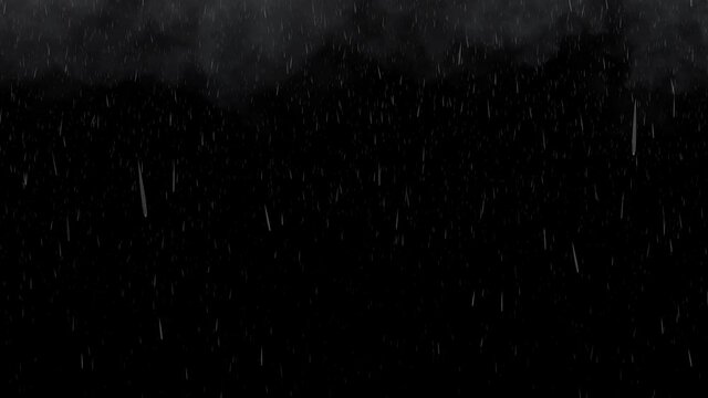 Light rain fall with grey clouds on black background 3D animation visual effects. Use "blend mode" set to "screen" to apply the effect upon any video you like.