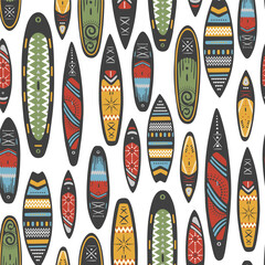 Stand Up Paddle Boarding SUP surfing elements cute seamless pattern vector illustration with supboard, waves in scandinavian style design on a white background.