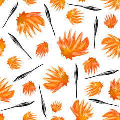 Orange blossoms and black leaves on a white background. Watercolor seamless pattern. Design for card, print, wrapping, cloth.