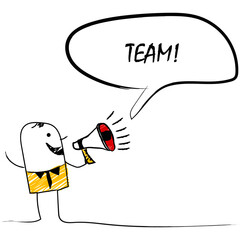 vector illustration of doodle man holding a megaphone with TEAM! speech bubble with Loudspeaker.banner for marketing ,business and also advertising.