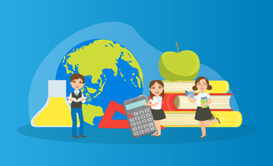 Kids Studying with Huge School Supplies, Schoolchildren at Geography Lesson Vector Illustration