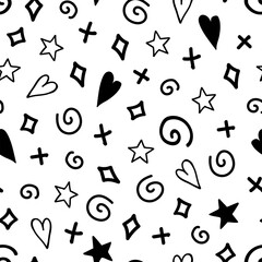 Seamless pattern with symbols. Heart, star, spiral. Vector illustration. Used in packaging design, Wallpaper, print for fabrics