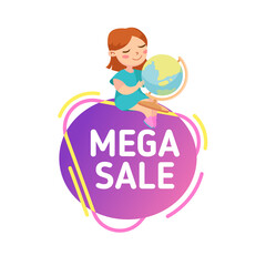 Mega Sale, Back to School Discount Banner with Cute Cartoon Girl Holding Geographical Globe. Student Fair Event Discount