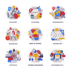 Collection of School Subjects Icons, Education and Science Disciplines with Related Elements, Back to School Concept Flat Style Vector Illustration
