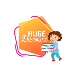 Huge Discount, School Sale Banner, Clearance of Studying Supplies for Student Promo Poster with Boy Holding Books, Fair