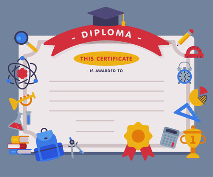 School Diploma Template, Appreciation of School Children Achievement Flat Vector Illustration