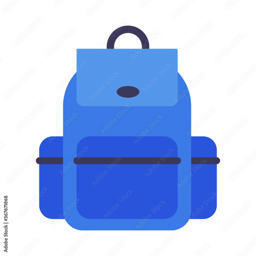 Sticker school backpack, blue rucksack for students, travellers or tourists flat style vector illustration o