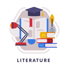 Literature School Subject Icon, Education and Science Discipline with Related Elements Flat Style Vector Illustration
