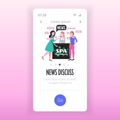 women clients with spa receptionist discussing daily news chat bubble communication concept beauty salon smartphone screen mobile app full length copy space vector illustration