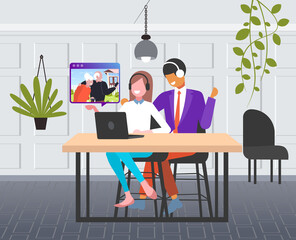 young couple having video conference with grandparents happy family discussing during virtual meeting communication concept living room interior full length horizontal vector illustration