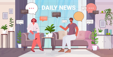 couple discussing daily news during meeting chat bubble communication concept man woman spending time together living room interior full length vector illustration