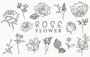 Black rose logo collection with leaves.Vector illustration for icon,logo,sticker,printable and tattoo