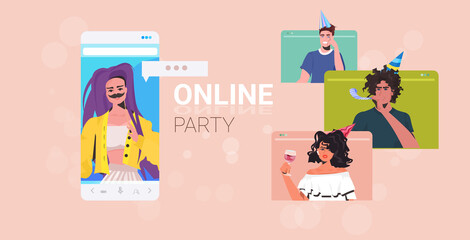 people celebrating online party friends having virtual fun celebration concept men women discussing during video call chat bubble communication horizontal portrait vector illustration