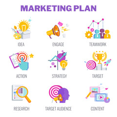 Marketing plan icons. Marketing mix infographic flat vector illustration.