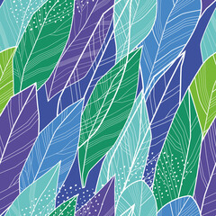 Leaves seamless pattern. Green, blue and purple shades. Vector full color graphics