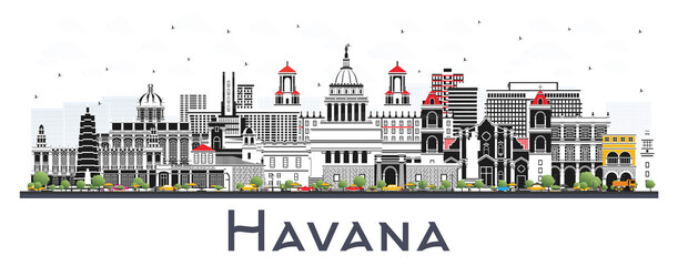 Havana Cuba City Skyline with Color Buildings Isolated on White.