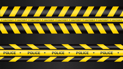 Police tape, crime danger line. Caution police lines isolated. Warning tapes. Set of yellow warning ribbons. Vector illustration on dack transparent background.