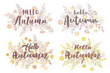 Collection of vector illustrations with season quote Hello Autumn, hand drawn flowers, leaf and floral elements for greeting card, invitation template, banner and poster