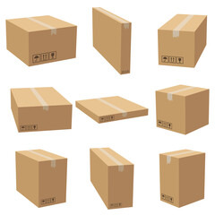 Set of cardboard box mockups different size. Isolated on white background. Vector carton packaging box images.