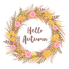 Fototapeta premium Hello Autumn vector illustration with colorful wreath from flowers, herbs and leaves isolated on white background. Botanical design template for card, invitation, brochure, wallpaper, flyer
