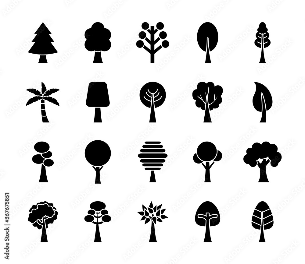 Poster trees silhouette style icon set vector design