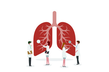 A team of doctors checkup the lungs. People examine the organ and make a diagnosis. Respiratory system examination and treatment. Healthy lungs vector illustration concept.