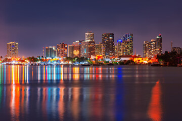 Fototapeta na wymiar Miami skyscrapers at the night, south beach. Miami night downtown, city Florida.