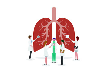 A team of doctors checkup the lungs. People examine the organ and make a diagnosis. Respiratory system examination and treatment. Healthy lungs vector illustration concept.