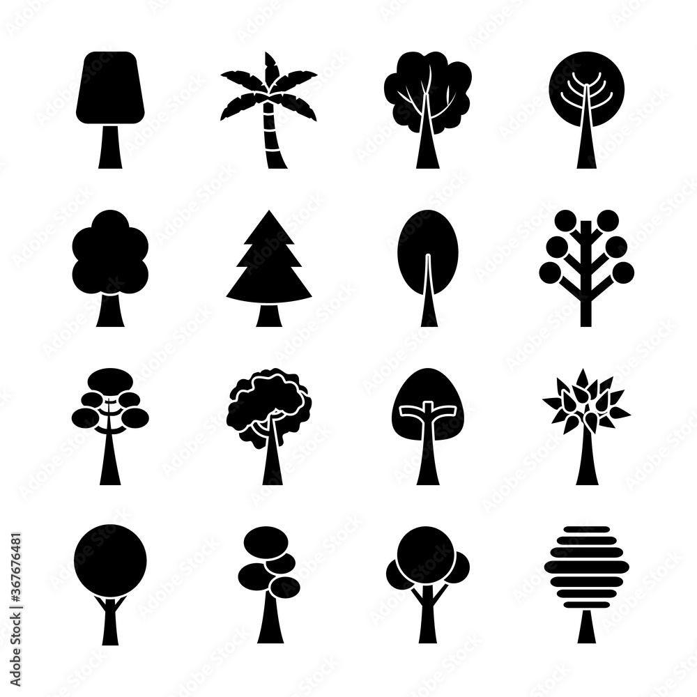 Poster trees silhouette style icon set vector design
