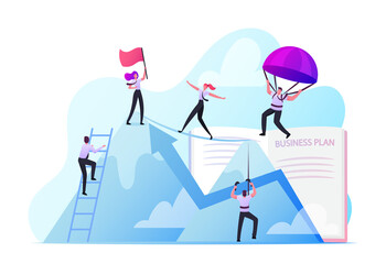 Business People Climbing on Mountain Peak, Walking on Rope, Falling with Parachute. Characters New Heights, Team Work