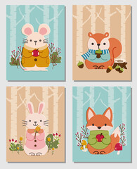 Set of cards with cute woodland animals -  mouse, squirrel, rabbit, and fox. For greeting card, postcard, poster, wall decor, wallpaper, nursery, etc. 