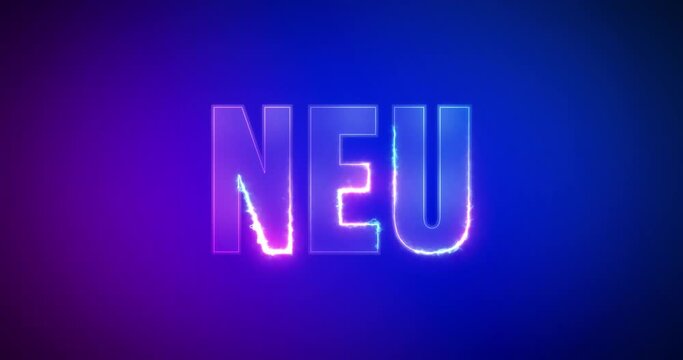 Das Wort Neu als elektrisch leuchtender Text. Brennendes Logo auf lila blauem Hintergrund. Hochwertiges 4K Filmmaterial