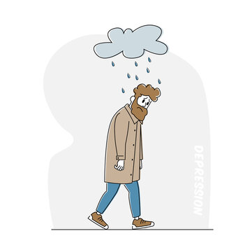 Depressed and Anxious Man with Alcohol Bottle Suffer of Depression and Anxiety Feel Frustrated Walking under Rainy Cloud