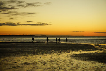 Golden glow of sunset on the beach at low tide, with silhouette of five people in the distance. Dunwich, North Stradbroke Island, Queensland, Australia.	