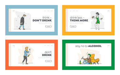 Alcohol Addiction Landing Page Template Set. Characters Pernicious Habits Addictions and Substance Abuse, Drunk People