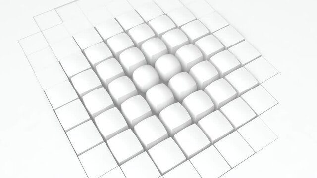3D animation of an abstract white background that splits into cubes, and the cubes transform into spheres. After that, the background is restored. Animation with the ability of continuous playback.