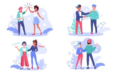Multi-ethnic people communication concept set. Man woman friend different nationality giving high five, talking, handshaking, greeting, sharing news, having nice conversation. Friendship diversity © VectorSpace