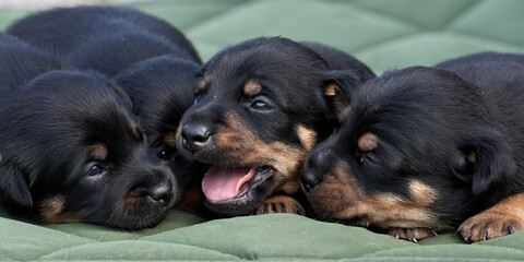 Jack Russell terrier puppies. Close-up portrait, lie on a green cloth. Banner or cover